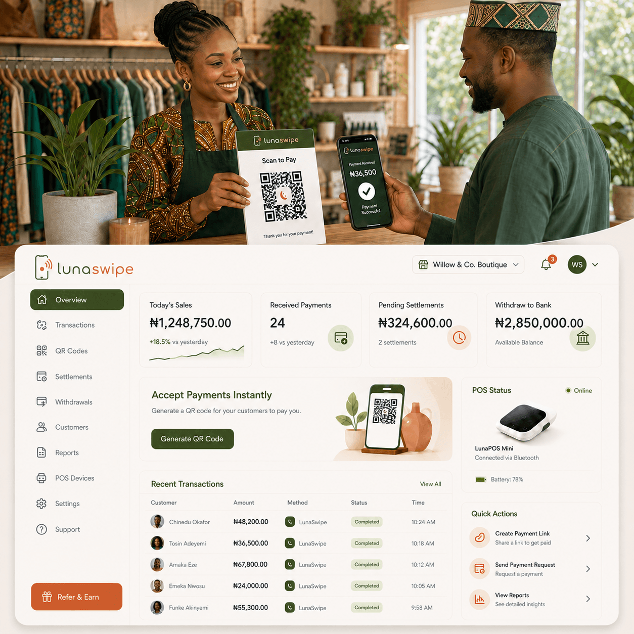 LunaSwipe merchant dashboard showing sales, QR payments, settlement, withdrawal, POS status, and transaction history.