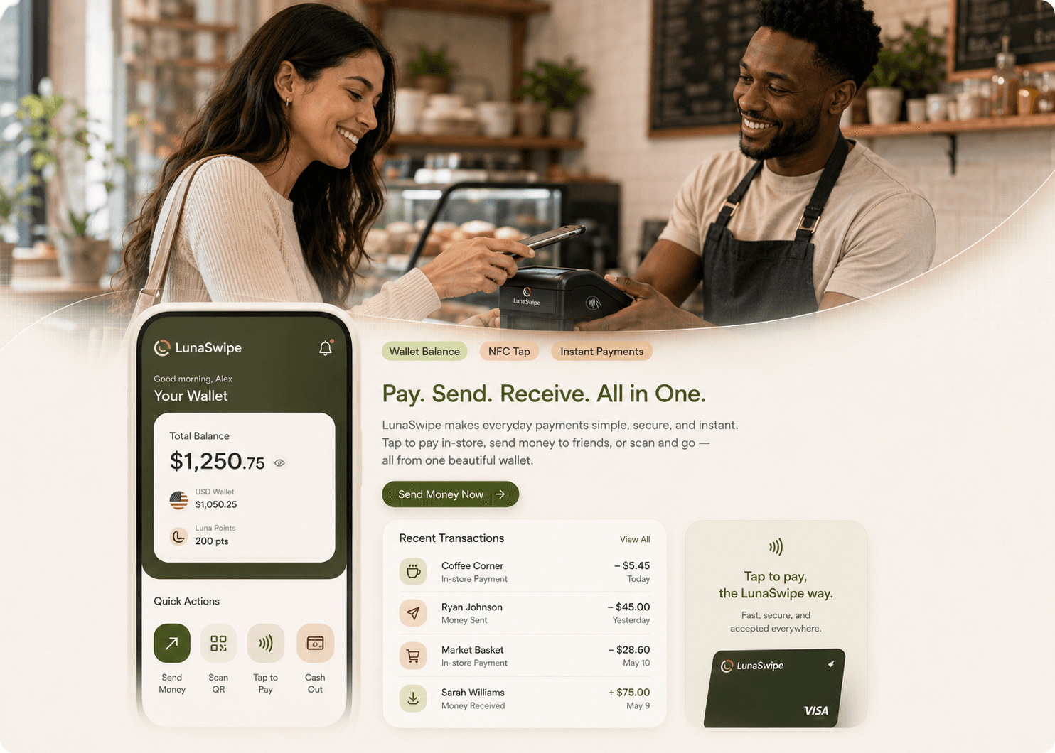 LunaSwipe customer wallet app showing wallet balance, send money, scan QR, tap to pay, cash-out, and recent transactions.