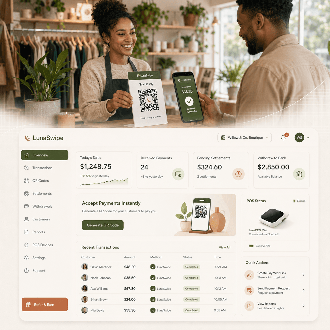LunaSwipe merchant dashboard showing sales, QR payments, settlement, withdrawal, POS status, and transaction history.
