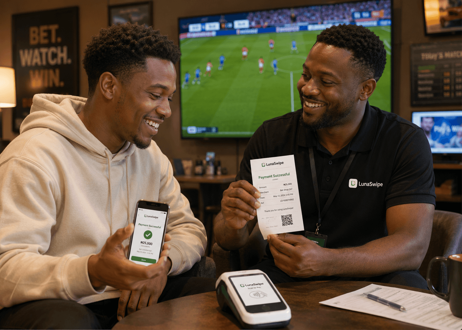 LunaSwipe payment confirmation in a betting shop showing customer phone, merchant receipt, POS terminal, and successful transaction.