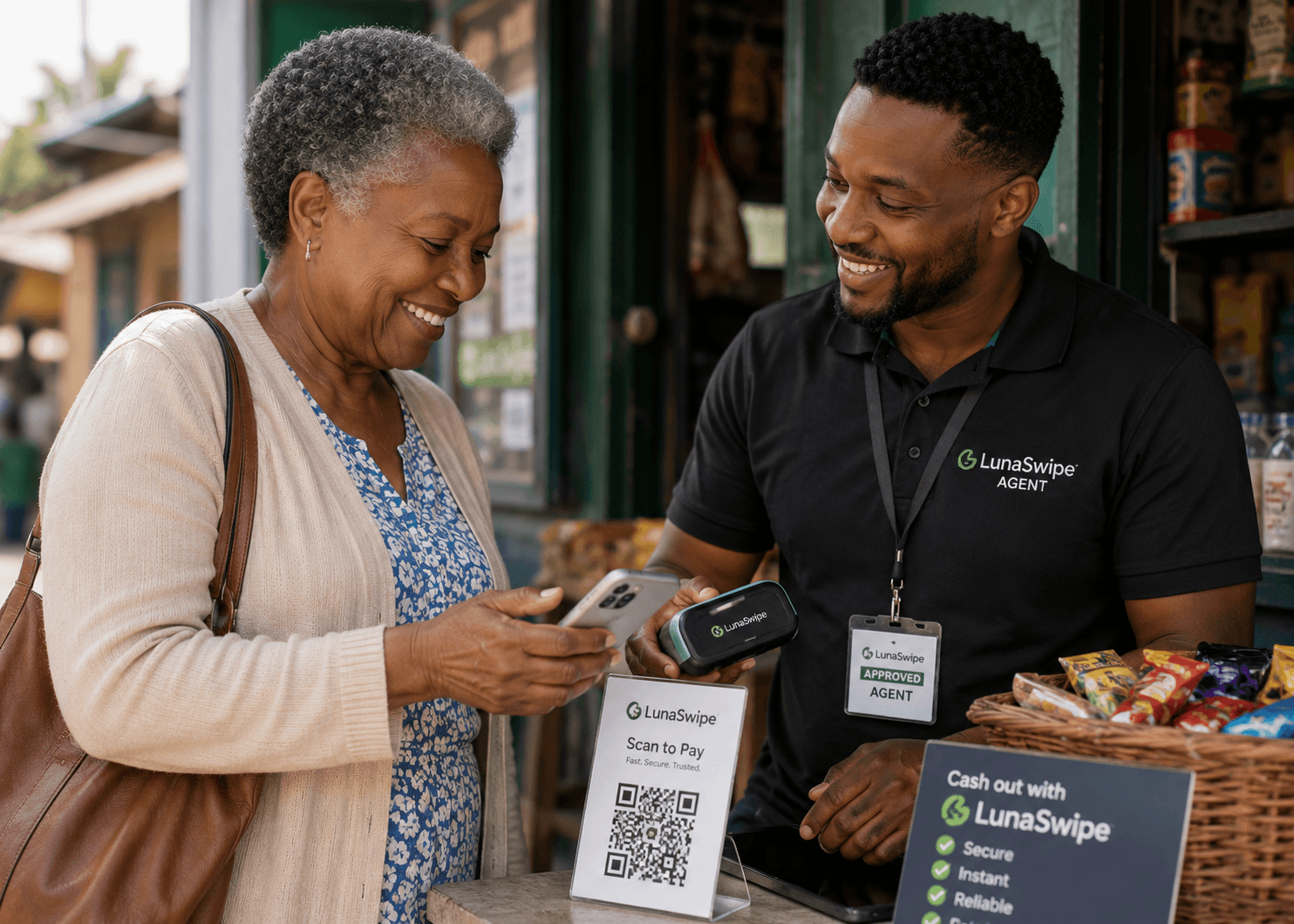 LunaSwipe approved agent helping a customer scan QR code, confirm payment, or cash out at a local merchant point.